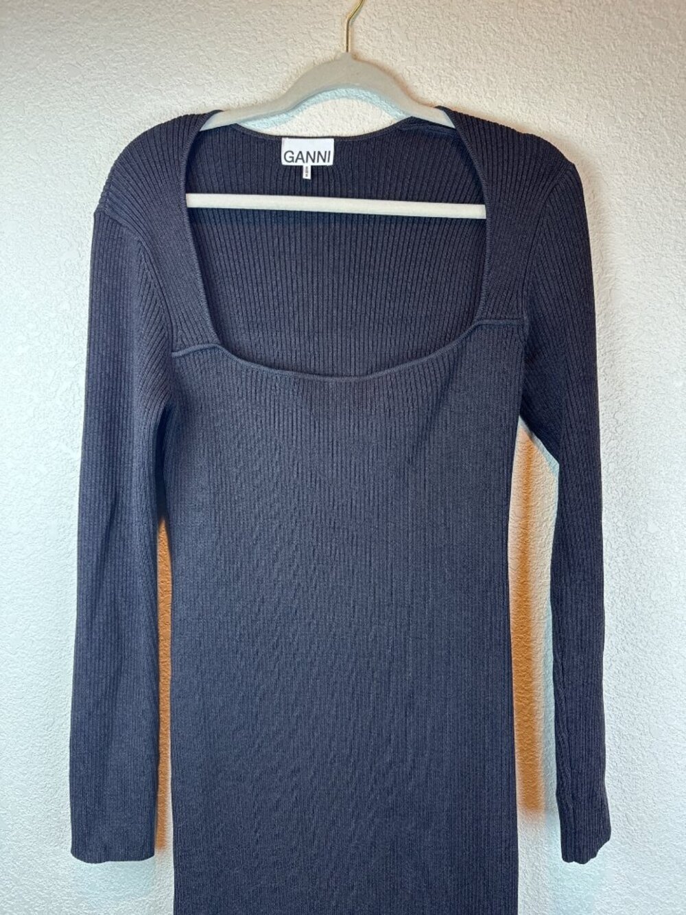 GANNI Ribbed Knit Dress Black Long Sleeve Square Neck Size XL Chic Minimal - Picture 4 of 10